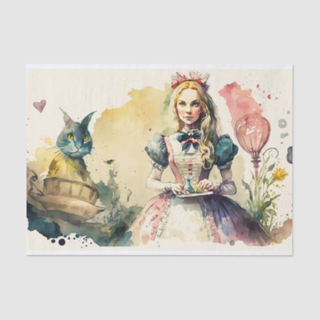 Alice in wonderland watercolor rabbit decoupage tissue paper (Front)