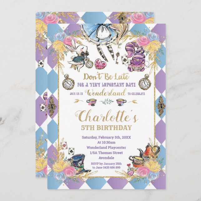 Alice in Wonderland Whimsical Birthday Tea Party Invitation (Front/Back)