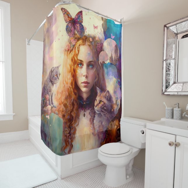 Alice in Wonderland | Whimsical Dreamy Cat Lover Shower Curtain (In Situ)