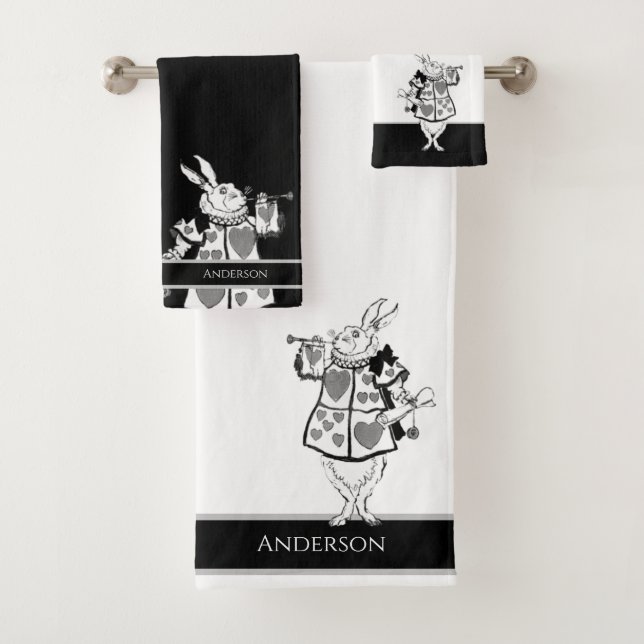 Alice in Wonderland White Rabbit Black  bathroom Bath Towel Set (Insitu)