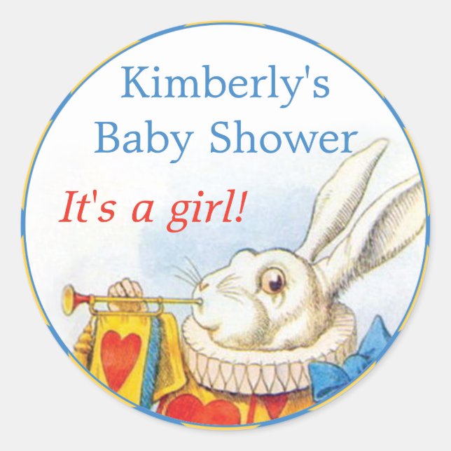 Alice in Wonderland White Rabbit Girl Baby Shower Classic Round Sticker (Front)
