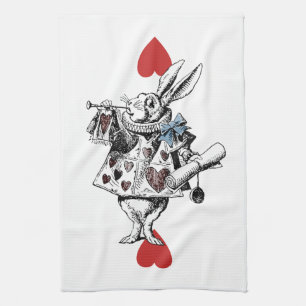 Alice in Wonderland White Rabbit Hearts Tea Towel