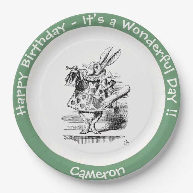 Alice in Wonderland White Rabbit Herald Birthday  Paper Plate (Front)