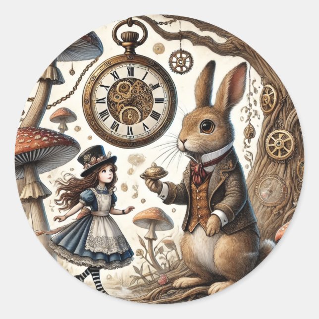 Alice in Wonderland White Rabbit tea Art Classic Round Sticker (Front)