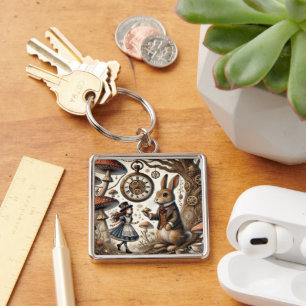 Alice in Wonderland White Rabbit tea Art Key Ring