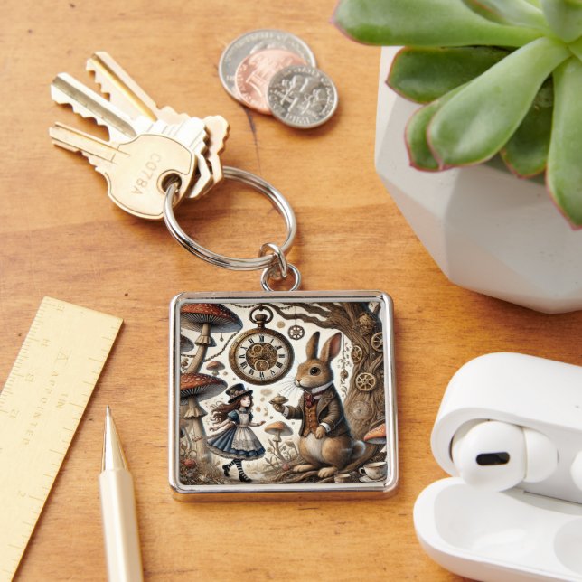 Alice in Wonderland White Rabbit tea Art Key Ring (Desk)