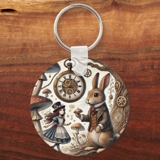 Alice in Wonderland White Rabbit tea Art Key Ring (Back)