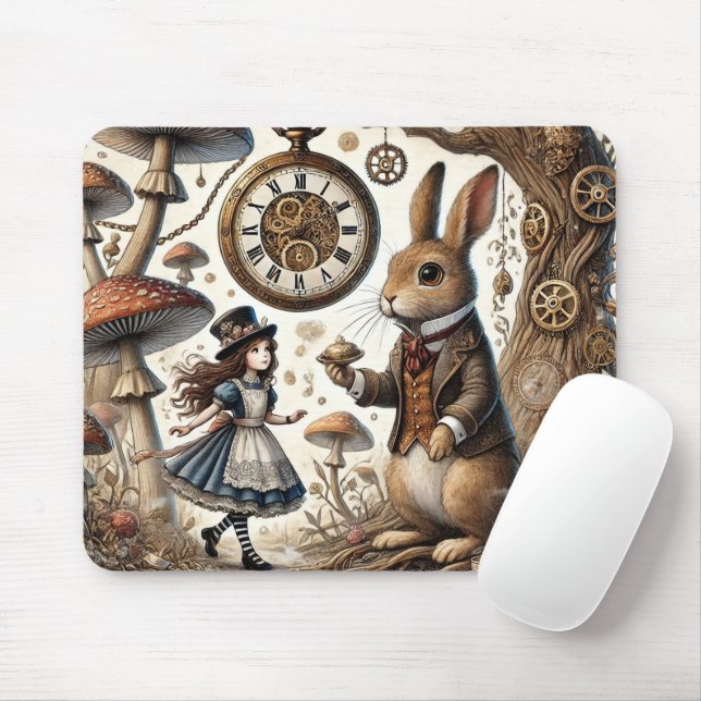 Alice in Wonderland White Rabbit tea Art Mouse Mat (With Mouse)
