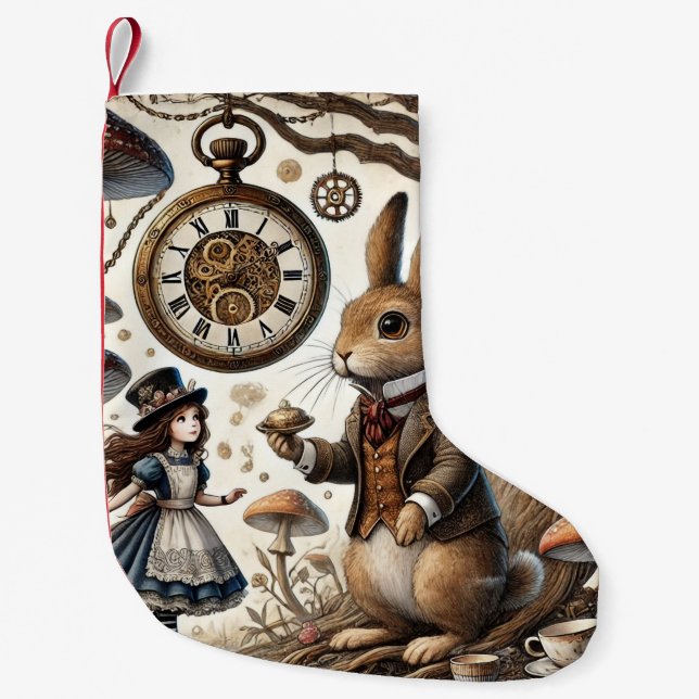 Alice in Wonderland White Rabbit tea Art Small Christmas Stocking (Front)