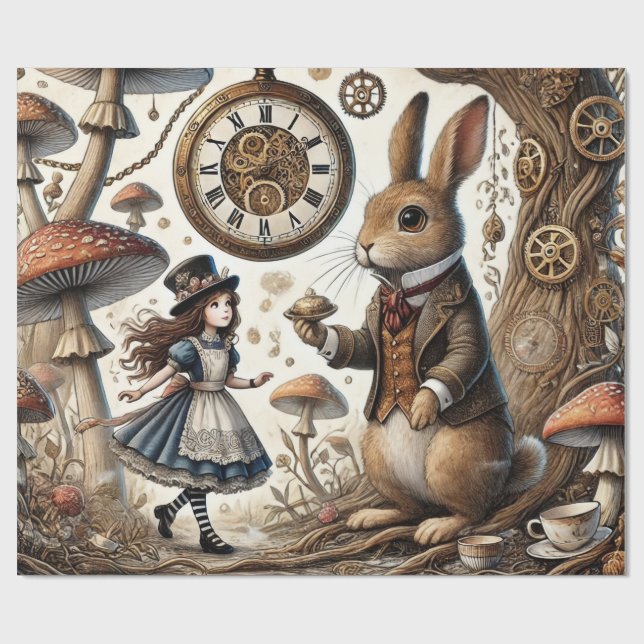 Alice in Wonderland White Rabbit tea Art Wrapping Paper (Flat)