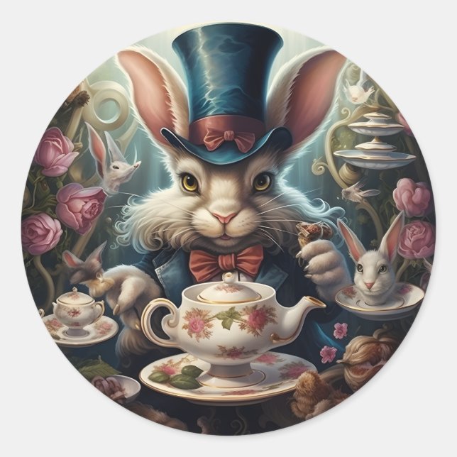 Alice in Wonderland White Rabbit Tea party Classic Round Sticker (Front)
