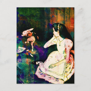 Alice in Wonderland & White Rabbit Watercolour Postcard