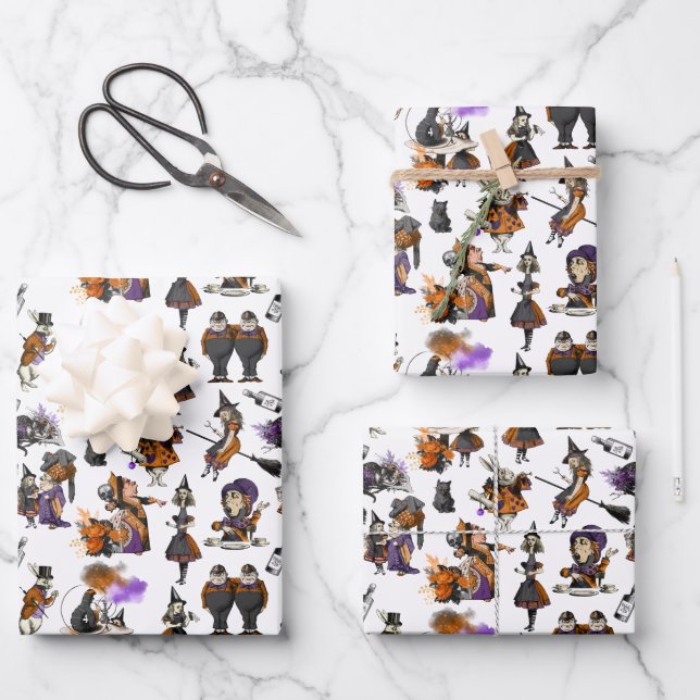 Alice In Wonderland Witches Rabbits Mad Hatter Wrapping Paper Sheet (Front)