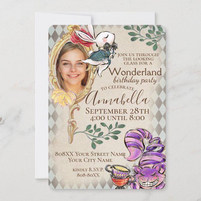 Alice in Wonderland with Photo Theme Party Invitation (Front)