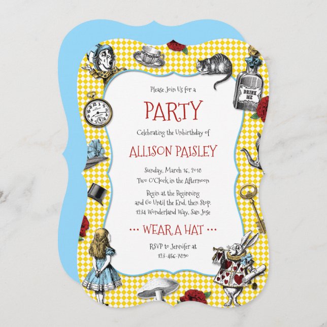 Alice in Wonderland Yellow Check Party Invitation (Front/Back)