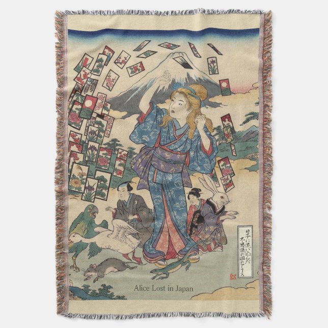 Alice Lost in Japan | Ukiyo-e Floating Wonderland Throw Blanket (Front Vertical)