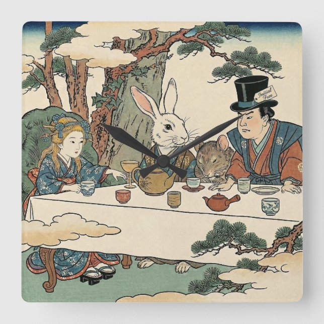 Alice Lost in Japan | Ukiyo-e Mad Tea Party Square Wall Clock (Front)
