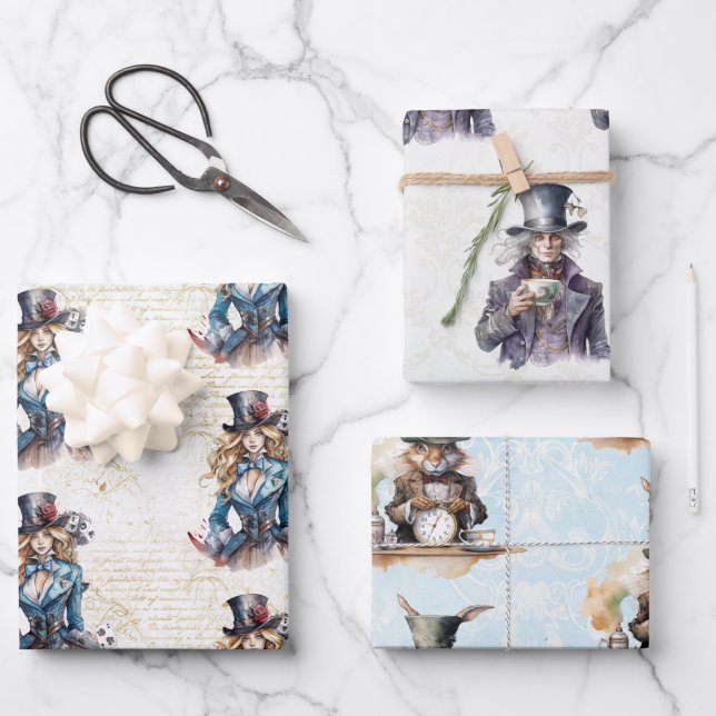 Alice, Mad Hatter and White Rabbit Wrapping Paper Sheet (Front)