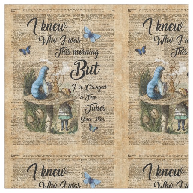 Alice,Mushroom and Jin,Vintage Dictionary Art Fabric (Close Up)