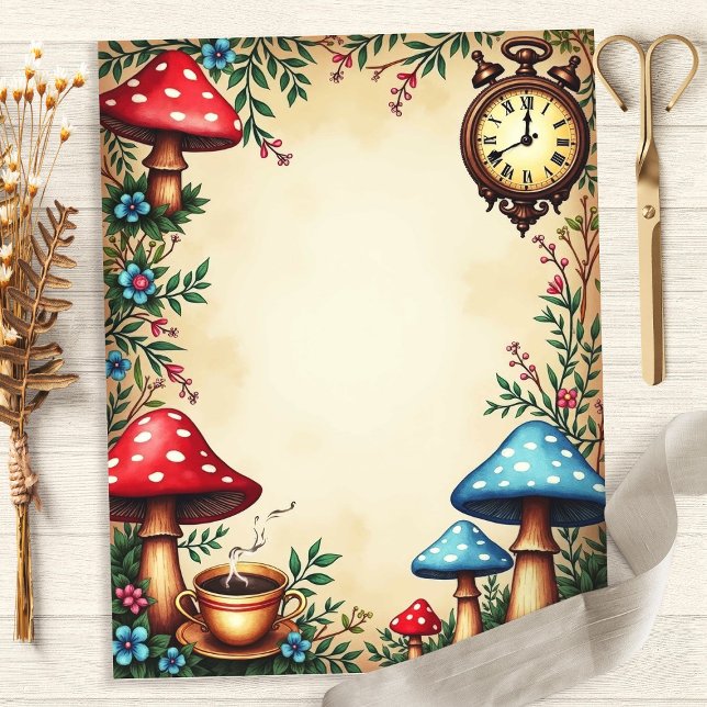 Alice Mushrooms Teacup Clock Scrapbook Paper (Creator Uploaded)