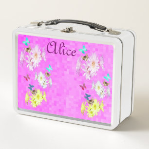 Alice, Name Logo With Flowers And Kittens, Metal Lunch Box