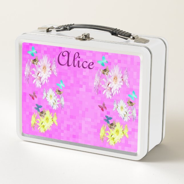 Alice, Name Logo With Flowers And Kittens, Metal Lunch Box (Front)