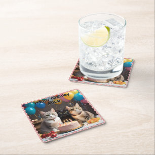 Alice Name With Birthday Party Cats, Square Paper Coaster