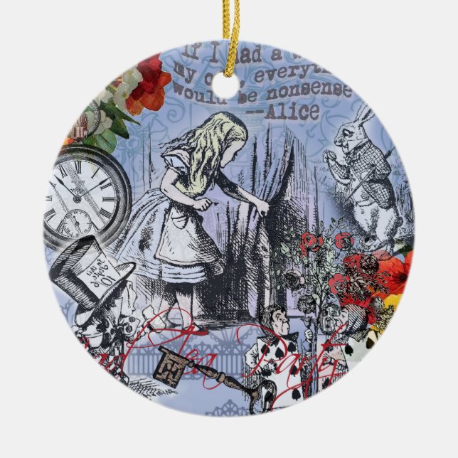 Alice nonsense curtain wonderland - Blue Ceramic Tree Decoration (Front)