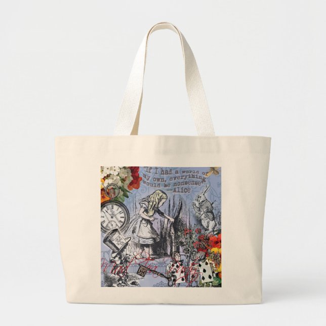 Alice nonsense curtain wonderland - Blue Large Tote Bag (Front)