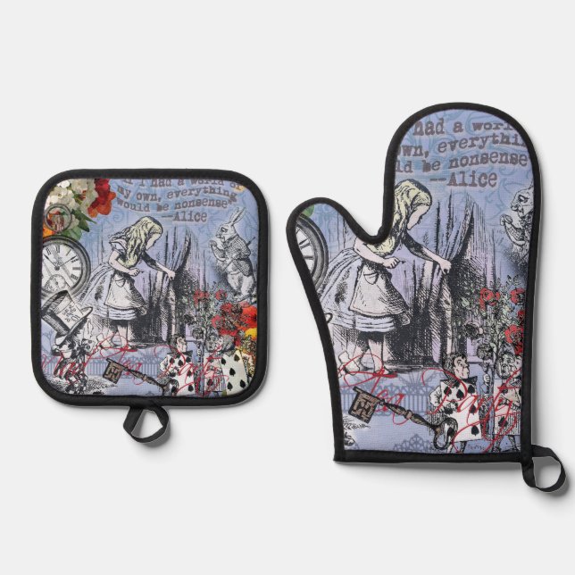 Alice nonsense curtain wonderland - Blue Oven Mitt & Pot Holder Set (Front)