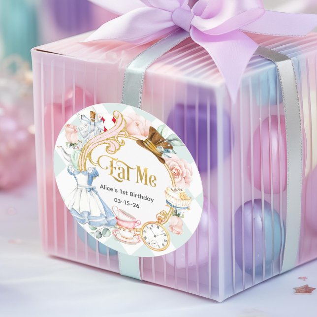 Alice Onderland, Eat Me, Birthday Classic Round Sticker (Teal, alice onederland, eat me , birthday favor sticker)