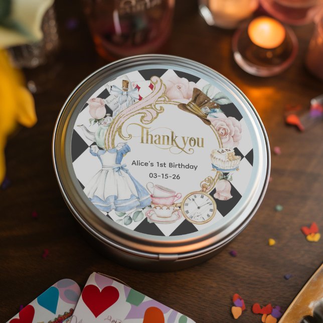 Alice Onederland, 1st birthday thank you Classic Round Sticker (Girl 1st birthday onederland, thank you sticker)