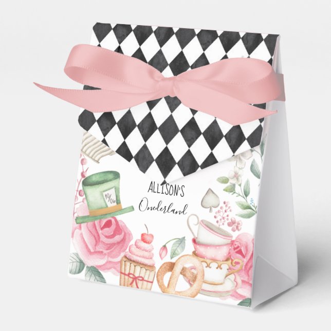 Alice Onederland Mad Tea Party Girl First Birthday Favour Box (Front Side)