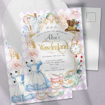 Alice onederland tea party girl first birthday invitation postcard<br><div class="desc">Alice wonderland tea party girl birthday invite</div>