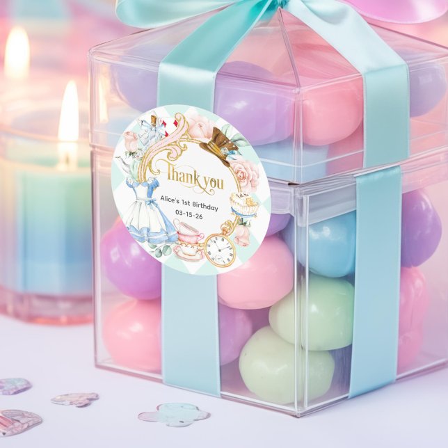 Alice Onederland, Teal, Thank you birthday favour Classic Round Sticker (Teal, Alice Onederland thank you sticker)