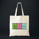 Alice periodic table name tote bag<br><div class="desc">Alice spelled out as Al I Ce (Aluminium Iodine Cerium) on a bag for the scientist in you.</div>