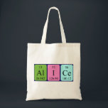 Alice periodic table name tote bag<br><div class="desc">Alice spelled out as Al I Ce (Aluminium Iodine Cerium) on a bag for the scientist in you.</div>
