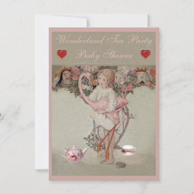 Alice & Pink Flamingo Baby Shower Tea Party Invitation (Front)