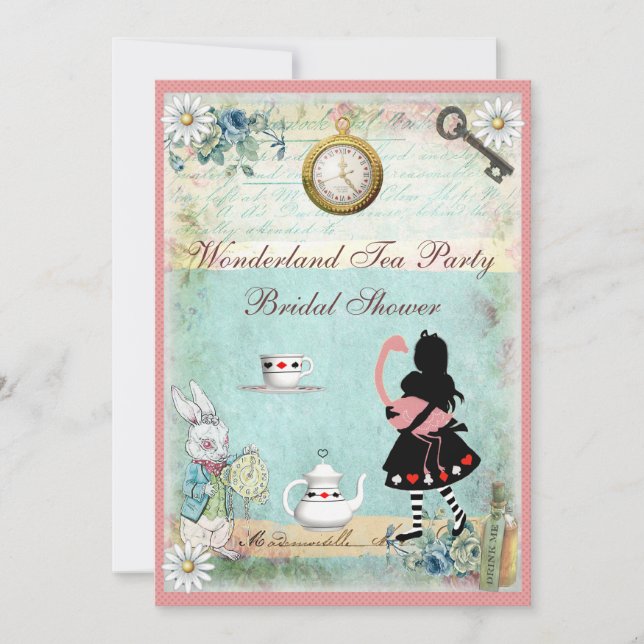 Alice & Pink Flamingo Bridal Shower Tea Party Invitation (Front)
