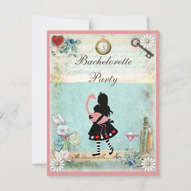 Alice & Pink Flamingo & Martini Bachelorette Party Invitation (Front)