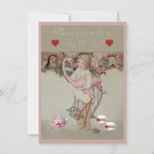 Alice & Pink Flamingo Sip & See Baby Shower Invitation (Front)