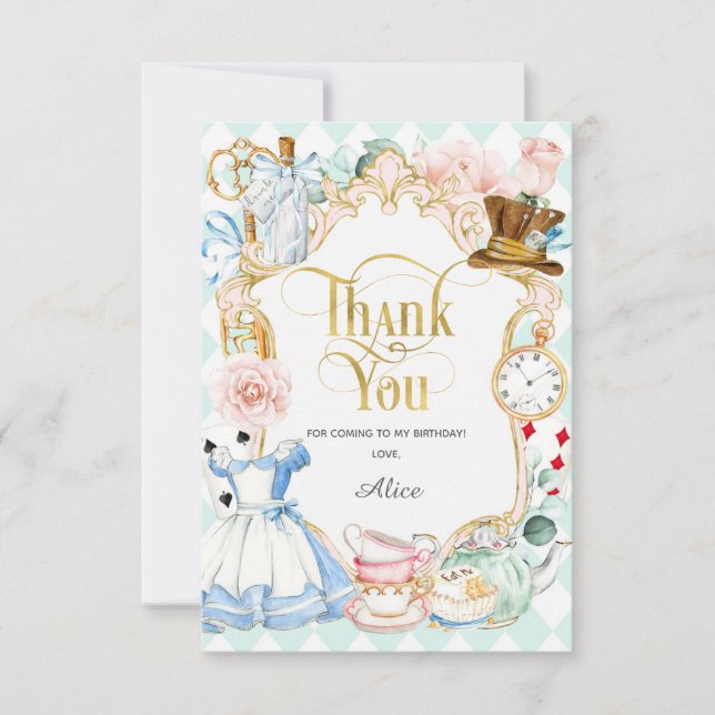 Alice tea party wonderland, birthday thank you car (Front)