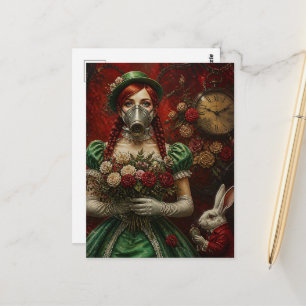 Alice With Red Hair in Gas Mask With White Rabbit Postcard