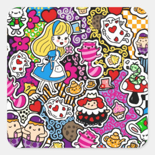 Alice Wonderland Mad Hatter Cat Doodle Art by Leah Square Sticker