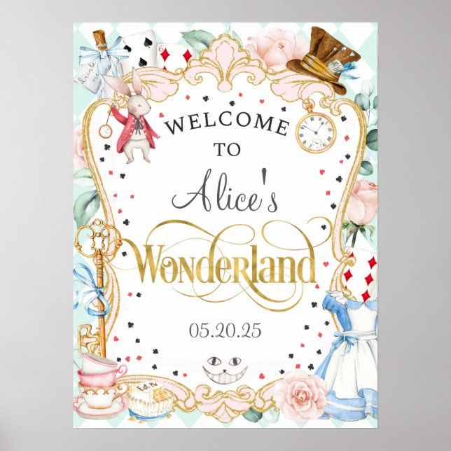 Alice wonderland mad hatter tea party welcome sign (Front)