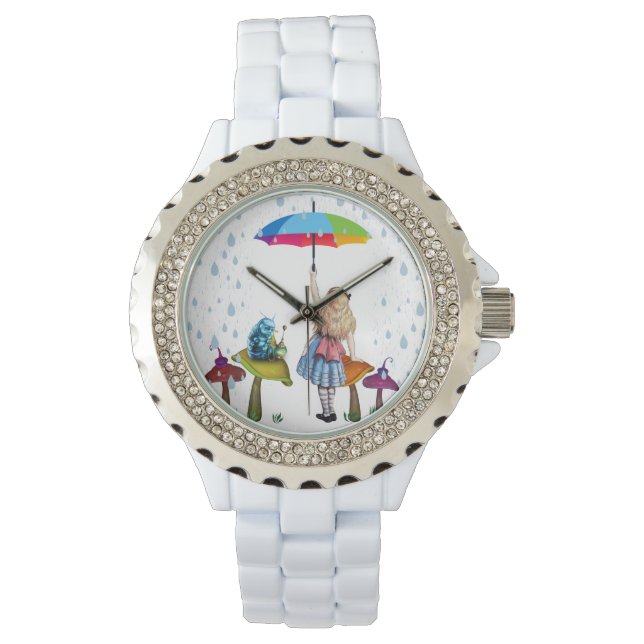 Alice Wonderland,  Rhinestone White Enamel Watch (Front)