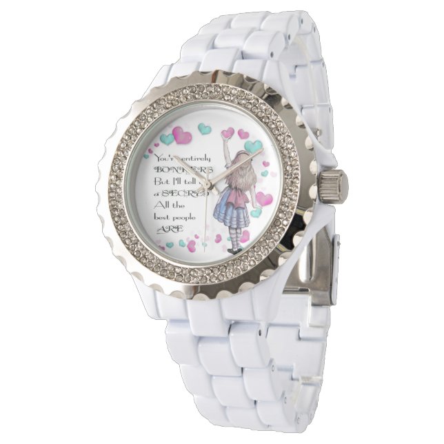 Alice Wonderland,  Rhinestone White Enamel Watch (Angled)