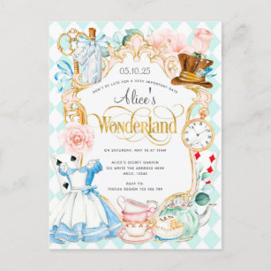 Alice wonderland tea party girl birthday invite
