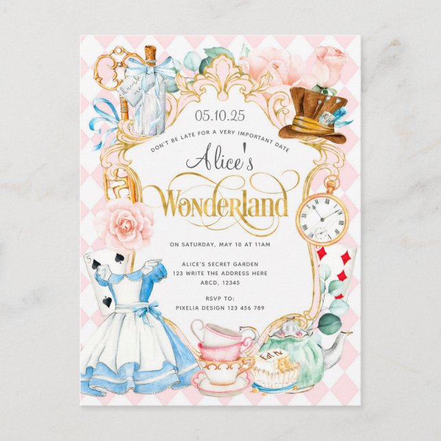 Alice wonderland tea party girl birthday invite (Front)