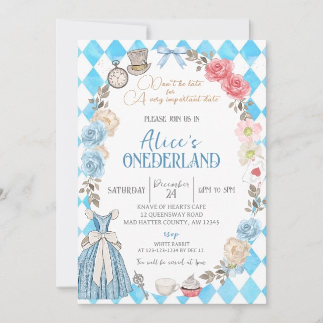 Alice's Onederland, Girl's First Birthday Party  Invitation (Front)